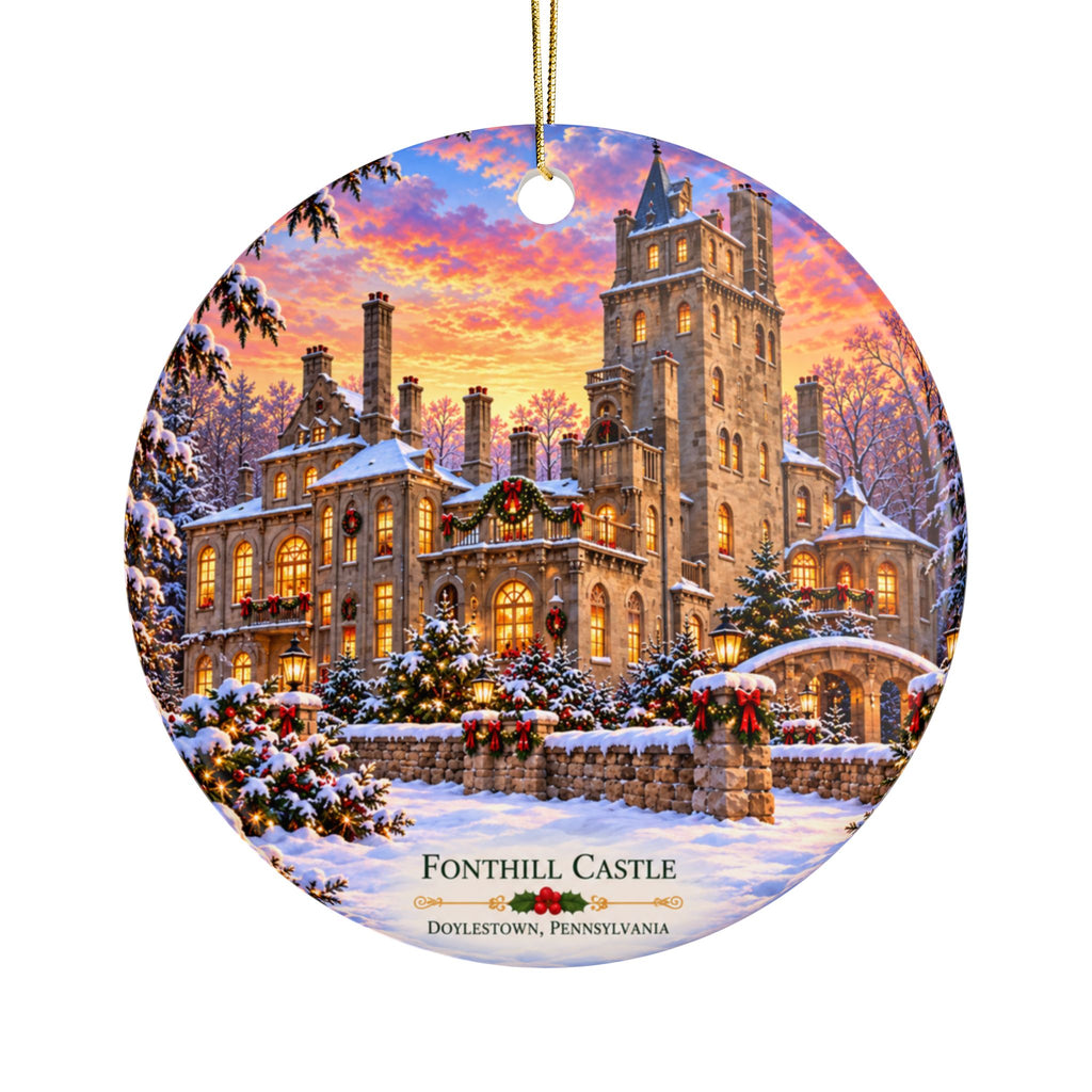Castle Winter Scene Ornament — Double-Sided Ceramic Christmas Decoration