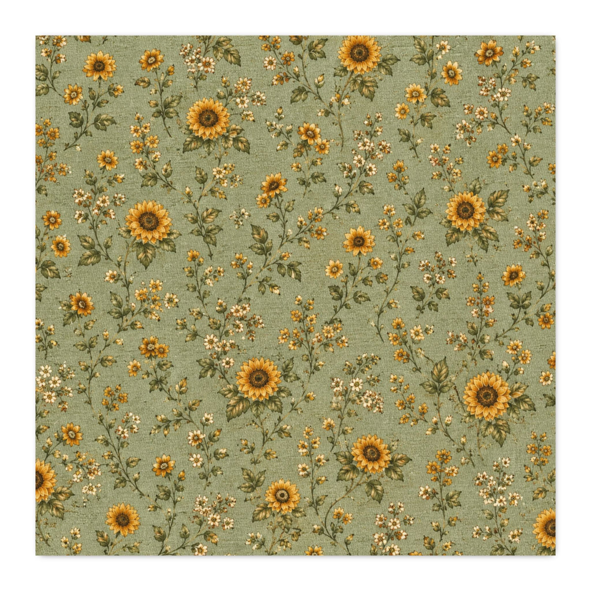Cottage Sunflower Calico — Sage Cotton Twill Fabric — Vintage Floral Green Quilting Fabric