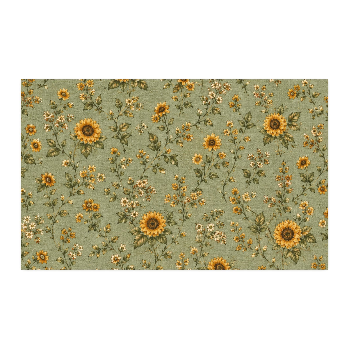 Cottage Sunflower Calico — Sage Cotton Twill Fabric — Vintage Floral Green Quilting Fabric