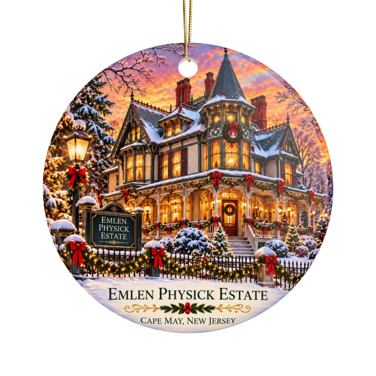 Emlen Physick Estate Ceramic Christmas Ornament — Double-Sided Cape May Holiday Decor