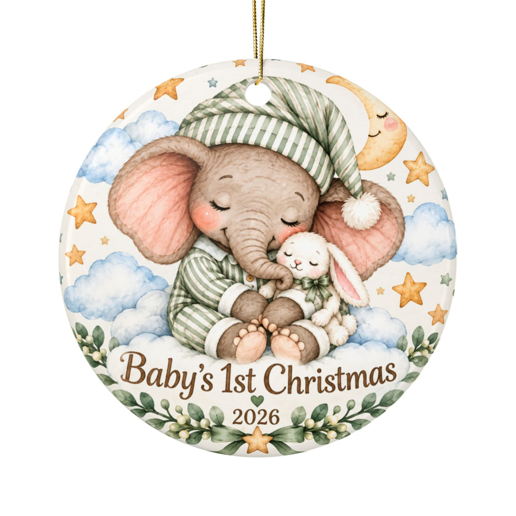Personalized Baby's 1st Christmas 2026 Ceramic Ornament — Cute Elephant & Bunny Keepsake (Double-Sided)