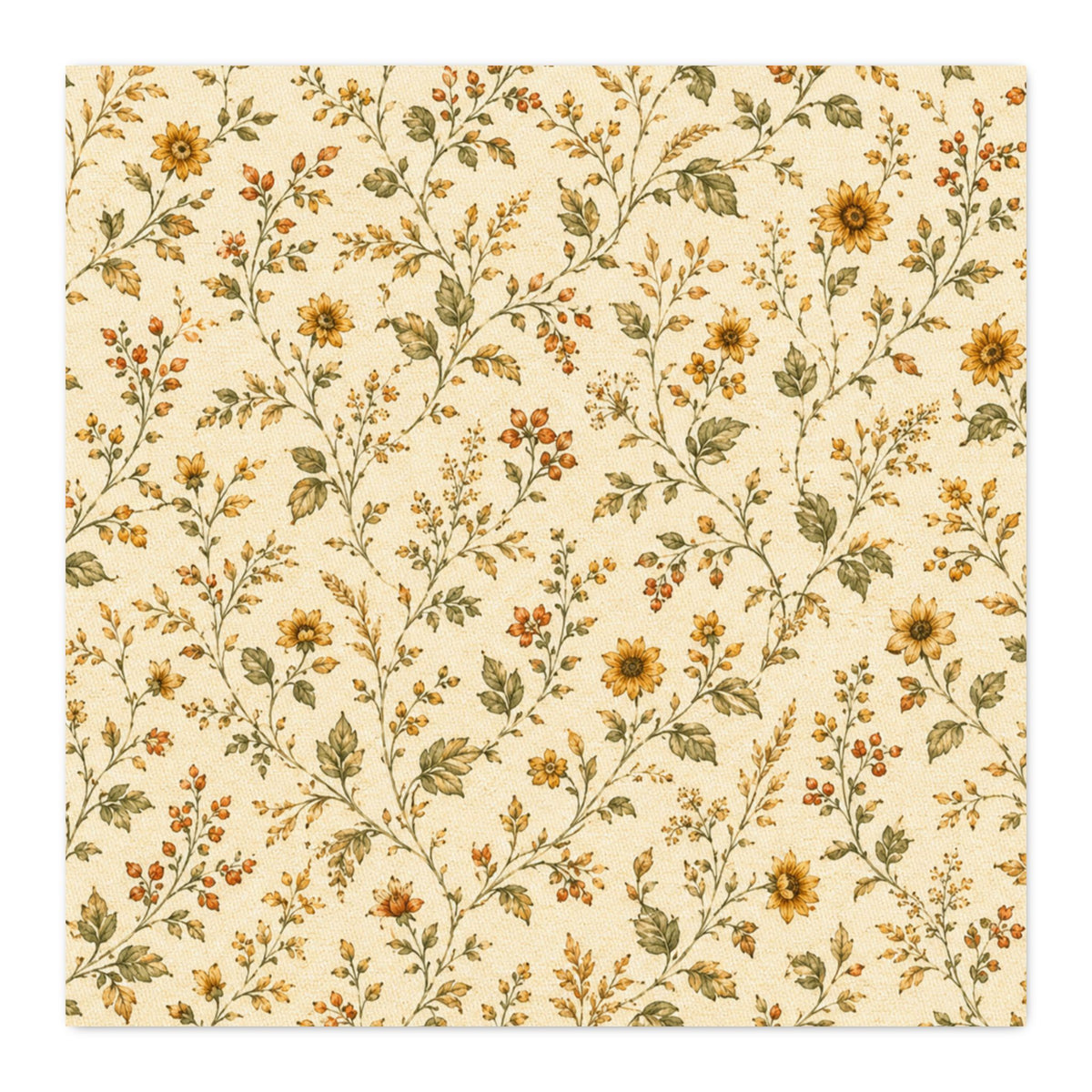 Sunflower Ditsy Calico Cream Cotton Twill Fabric— Vintage Floral Quilting & Home Decor