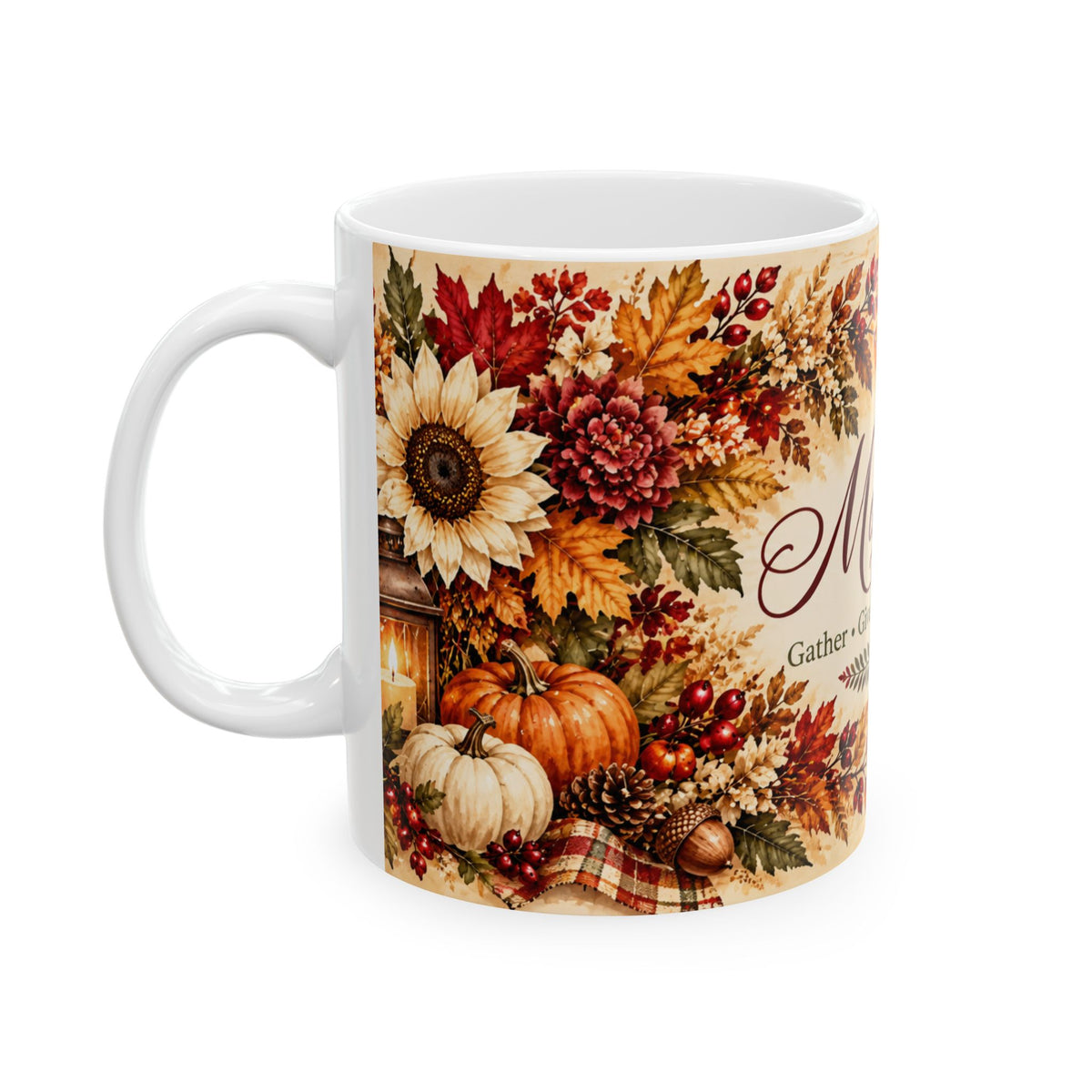 "Margaret" Thanksgiving Leaves & Pumpkins (11oz, 15oz) Personalized Mug