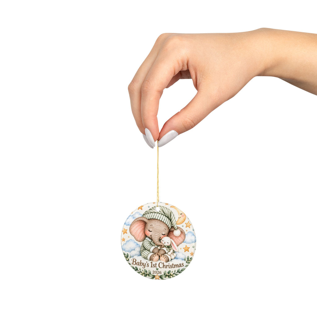 Personalized Baby's 1st Christmas 2026 Ceramic Ornament — Cute Elephant & Bunny Keepsake (Double-Sided)