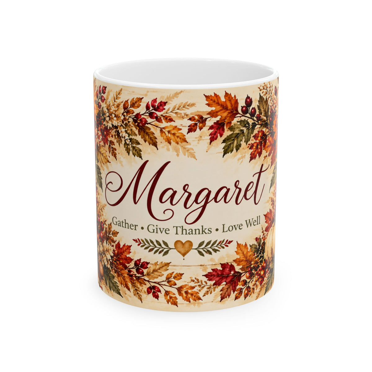 "Margaret" Thanksgiving Leaves & Pumpkins (11oz, 15oz) Personalized Mug