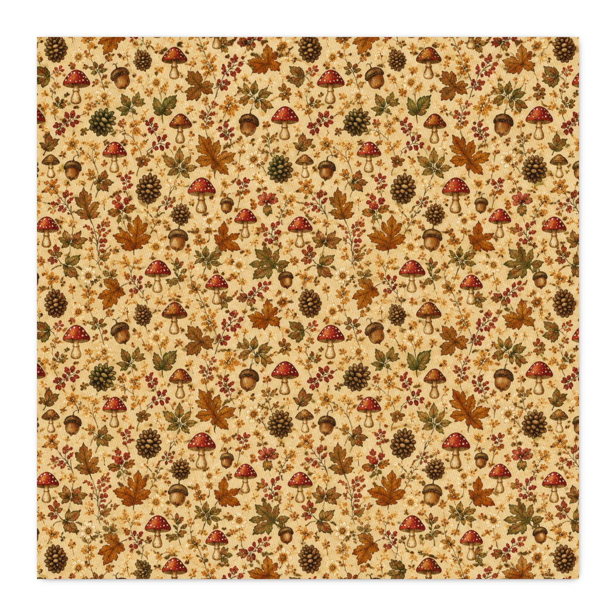 Cottage Woodland Cotton Twill Fabric — Fall Leaves, Mushrooms & Acorns