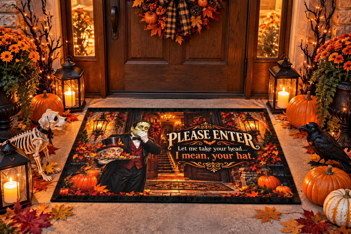 Funny Halloween Outdoor Rug – “Please Enter, Let Me Take Your Head” Haunted Victorian Door Mat, 24x36
