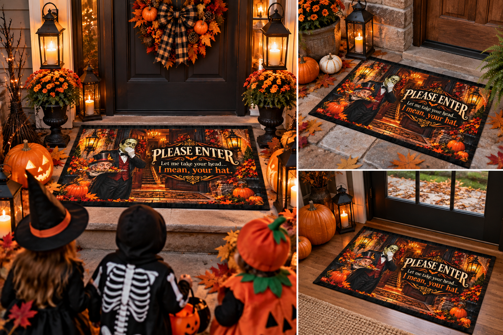 Funny Halloween Outdoor Rug – “Please Enter, Let Me Take Your Head” Haunted Victorian Door Mat, 24x36