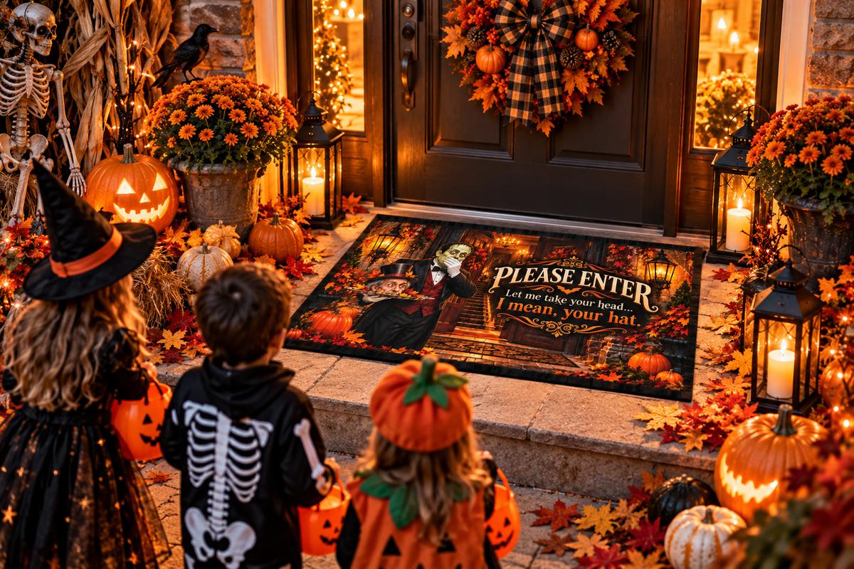 Funny Halloween Outdoor Rug – “Please Enter, Let Me Take Your Head” Haunted Victorian Door Mat, 24x36