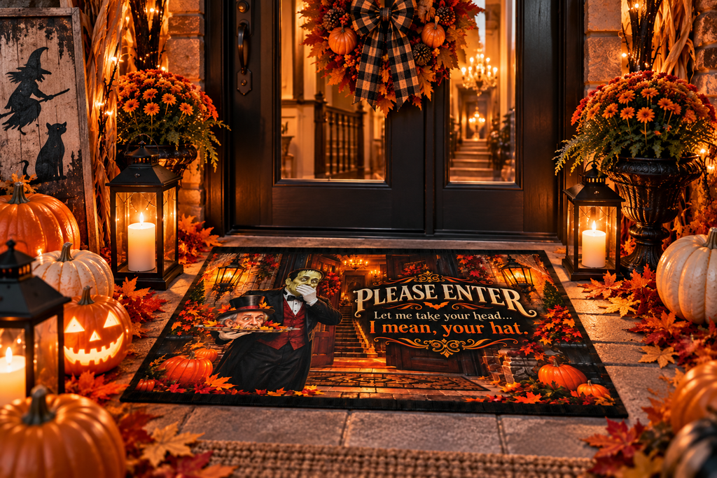 Funny Halloween Outdoor Rug – “Please Enter, Let Me Take Your Head” Haunted Victorian Door Mat, 24x36