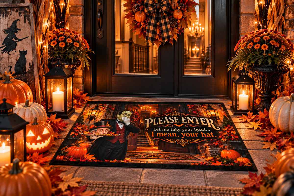 Funny Halloween Outdoor Rug – “Please Enter, Let Me Take Your Head” Haunted Victorian Door Mat, 24x36