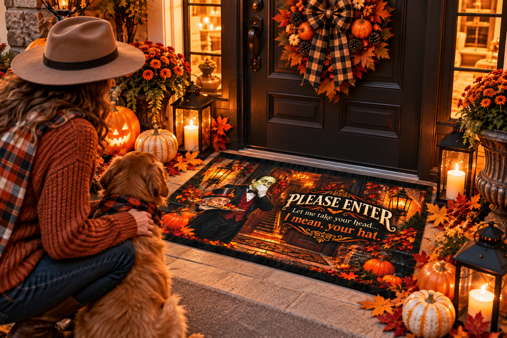 Funny Halloween Outdoor Rug – “Please Enter, Let Me Take Your Head” Haunted Victorian Door Mat, 24x36