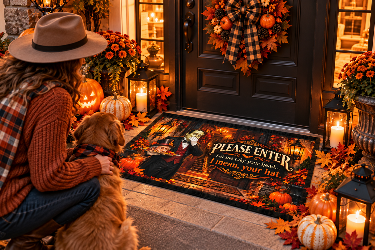 Funny Halloween Outdoor Rug – “Please Enter, Let Me Take Your Head” Haunted Victorian Door Mat, 24x36