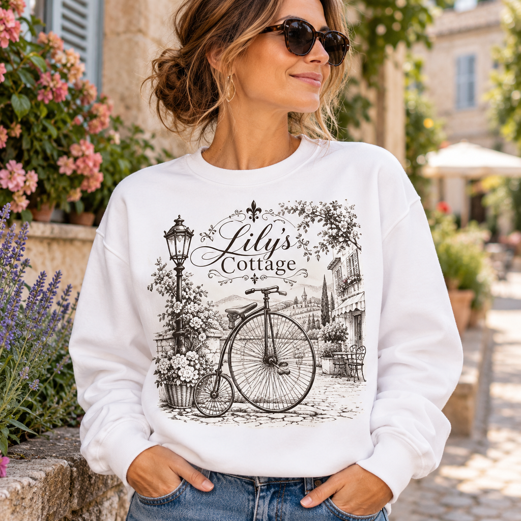 Vintage Cottage Bike Crewneck Sweatshirt — "Lily's Cottage" Graphic