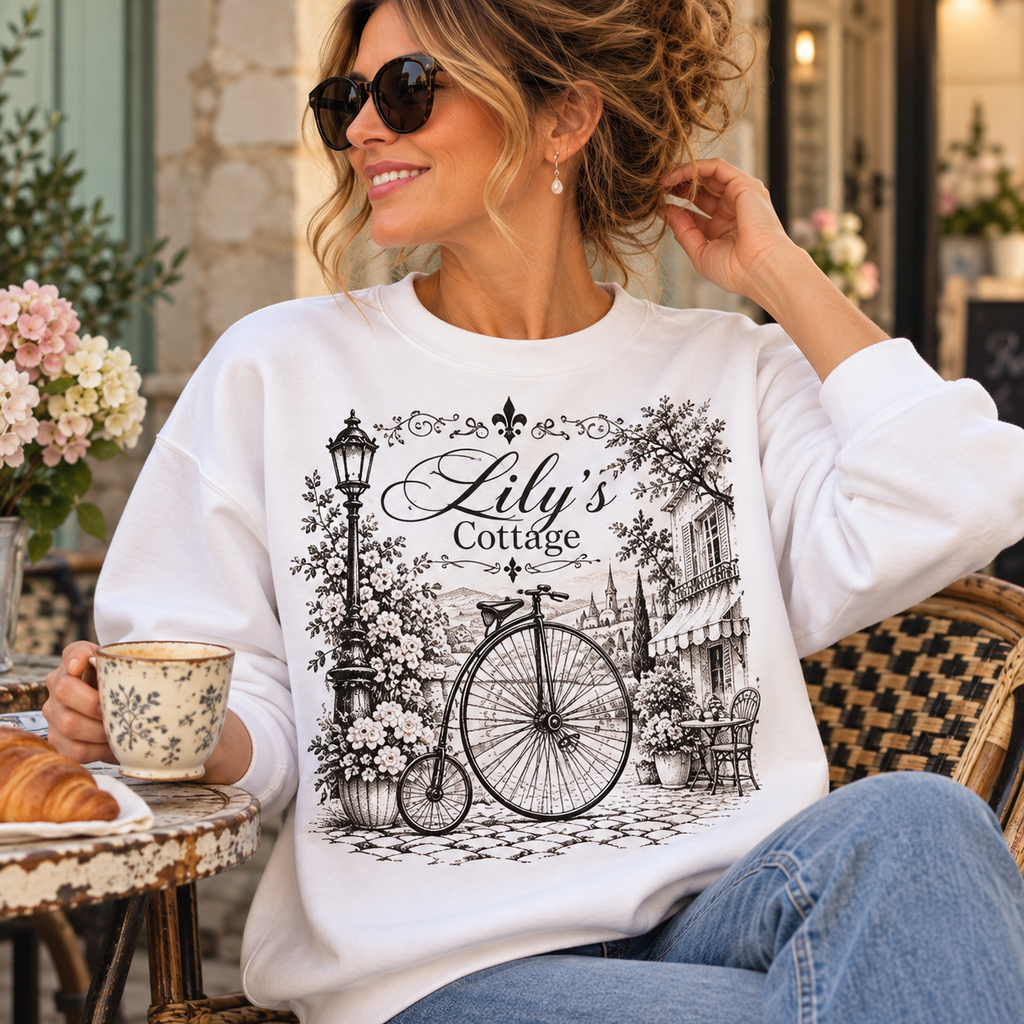 Vintage Cottage Bike Crewneck Sweatshirt — "Lily's Cottage" Graphic