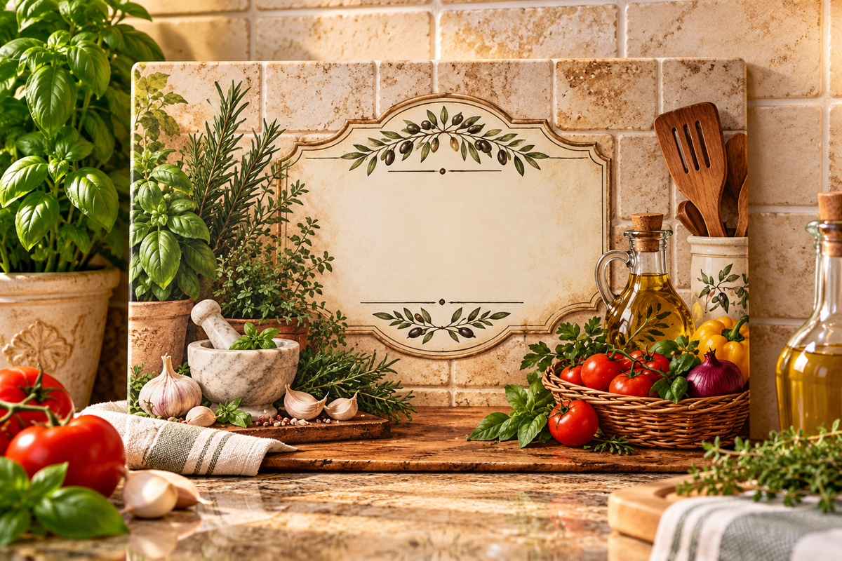 Personalized Kitchen Herb & Olive Oil Glass Cutting Board — Rustic Mediterranean Countertop Decor