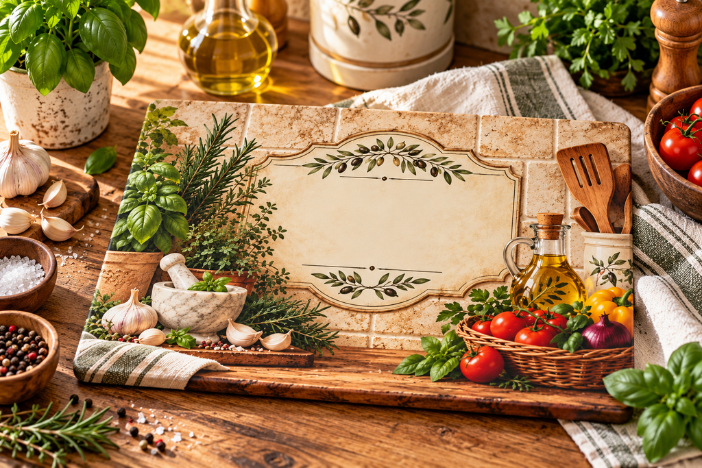 Personalized Kitchen Herb & Olive Oil Glass Cutting Board — Rustic Mediterranean Countertop Decor