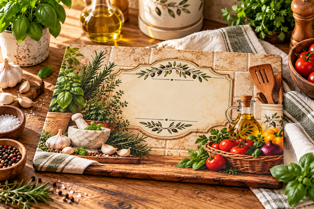 Personalized Kitchen Herb & Olive Oil Glass Cutting Board — Rustic Mediterranean Countertop Decor