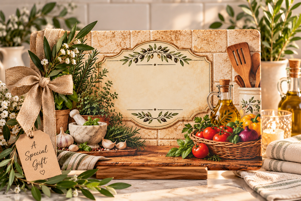 Personalized Kitchen Herb & Olive Oil Glass Cutting Board — Rustic Mediterranean Countertop Decor
