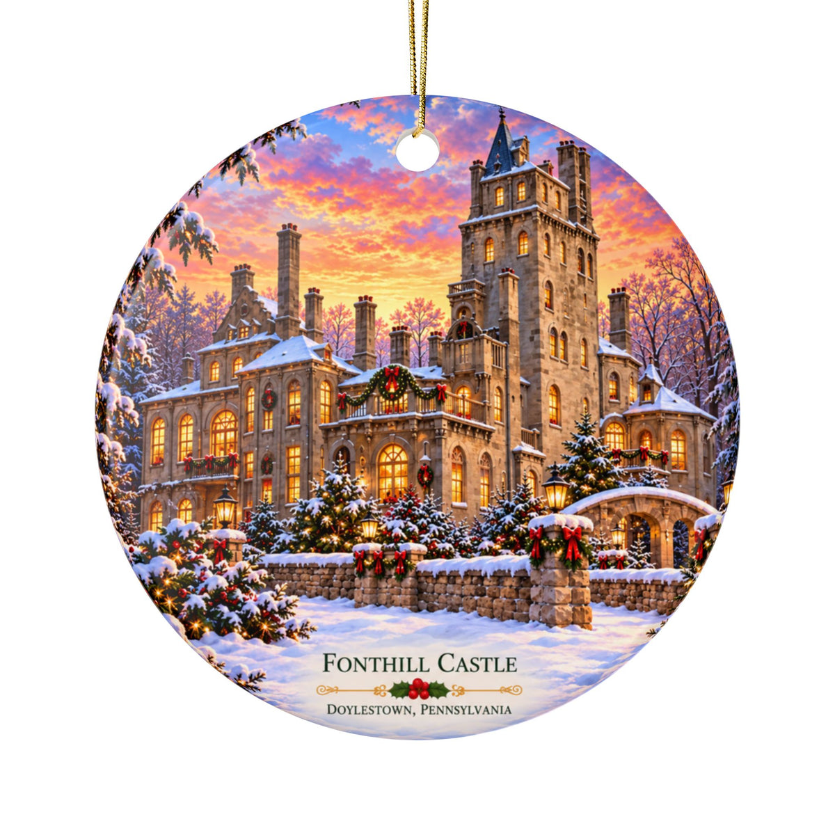 Castle Winter Scene Ornament — Double-Sided Ceramic Christmas Decoration