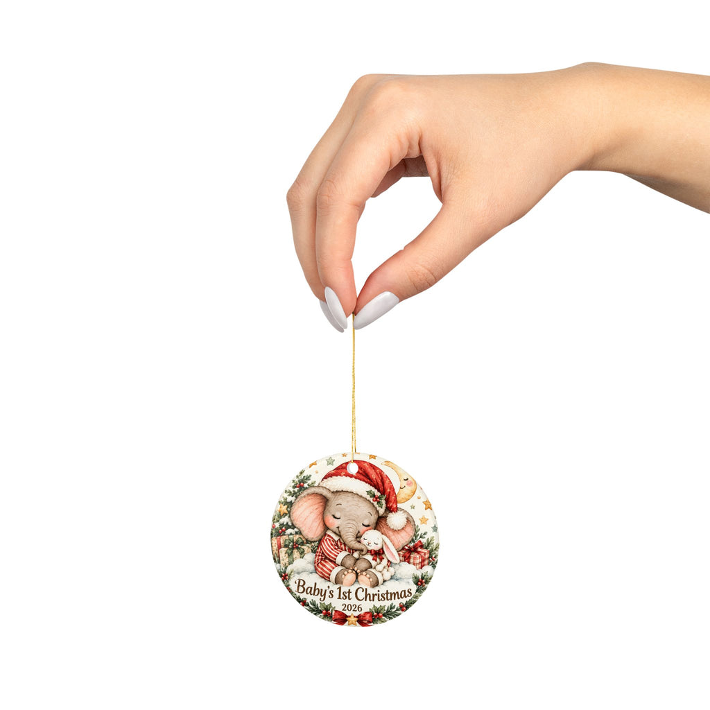 Personalized Baby's 1st Christmas 2026 Ceramic Ornament — Cute Elephant & Bunny Double-Sided Keepsake