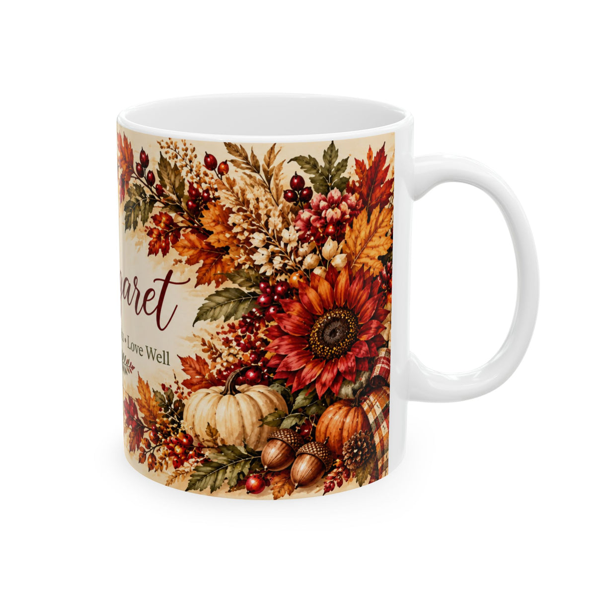 "Margaret" Thanksgiving Leaves & Pumpkins (11oz, 15oz) Personalized Mug