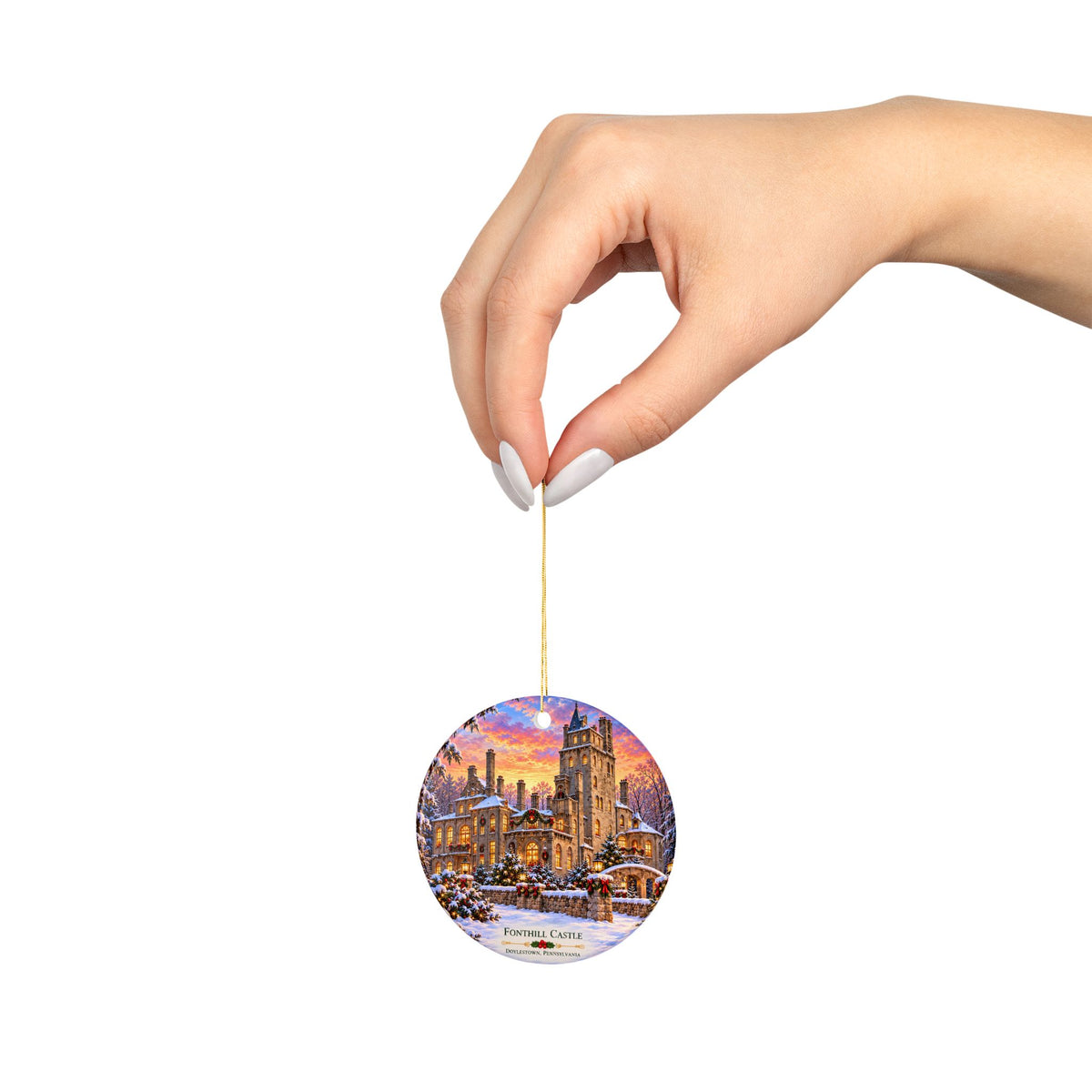 Castle Winter Scene Ornament — Double-Sided Ceramic Christmas Decoration
