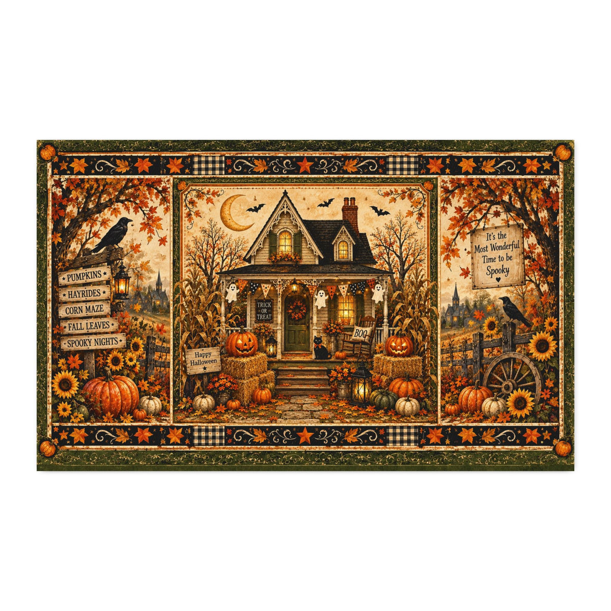 Spooky Autumn Cottage – Vintage Halloween Fabric Panel Panel Cotton Twill