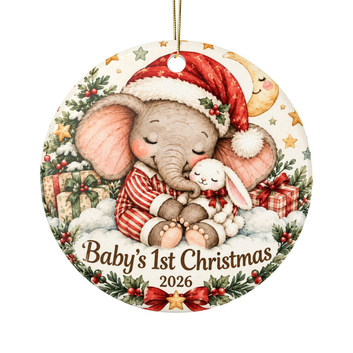 Personalized Baby's 1st Christmas 2026 Ceramic Ornament — Cute Elephant & Bunny Double-Sided Keepsake